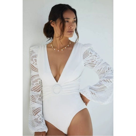 PATBO METALLIC LACE PLUNGE LONG SLEEVE ONEPIECE SWIMSUIT / BODYSUIT WHITE S NWT - Picture 3 of 11